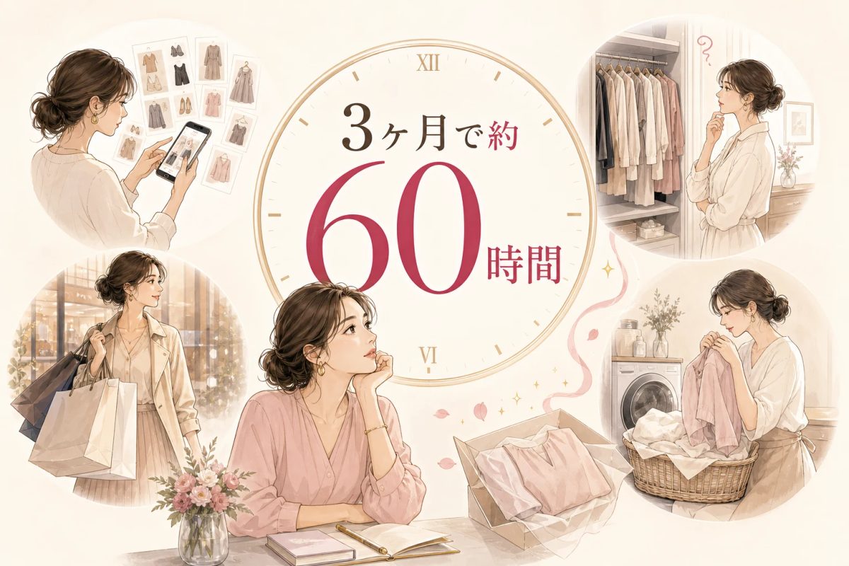 3ヶ月で約60時間。服を探す、買う、朝に選ぶ、洗濯する時間を時計と4つの場面で表したイラスト