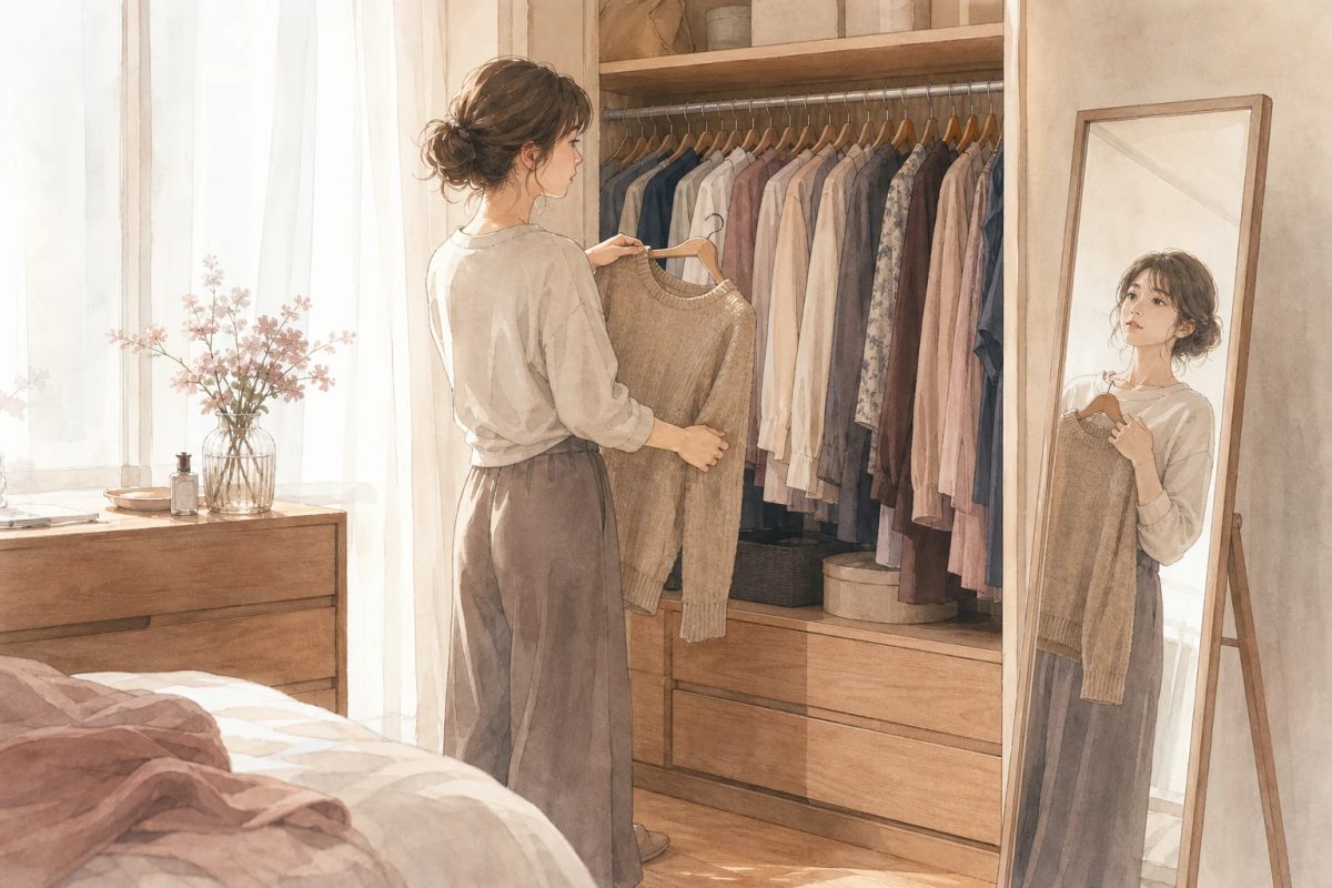 服でいっぱいのクローゼットの前で、いつものニットを手に取り鏡を見る女性