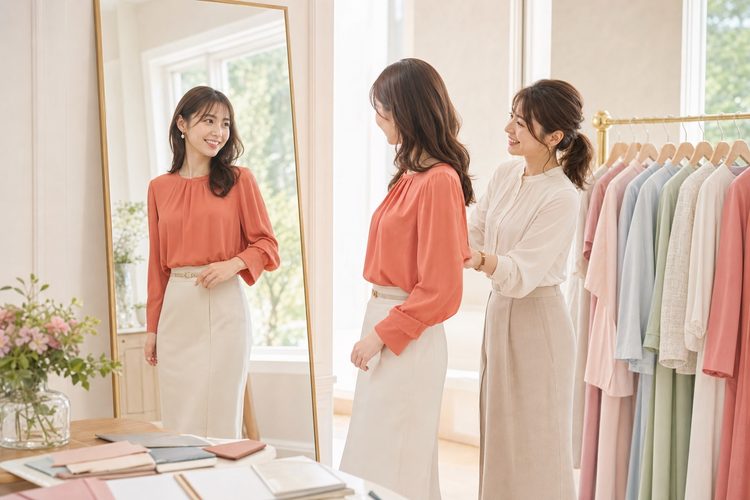 鏡の前で新しい色の服を試し、スタイリストと笑顔を交わす女性