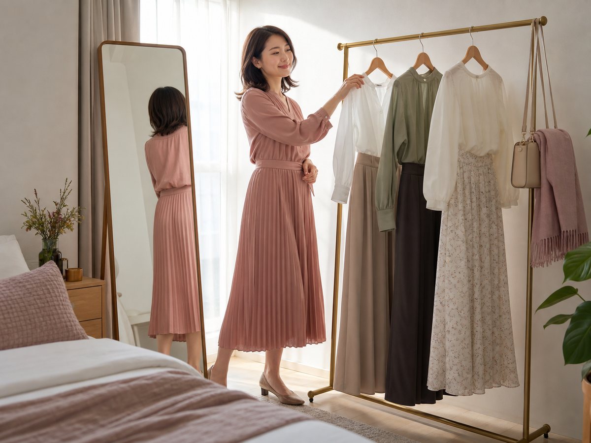 自分に似合う服を理解し、洋服ラックからコーデを選ぶ女性