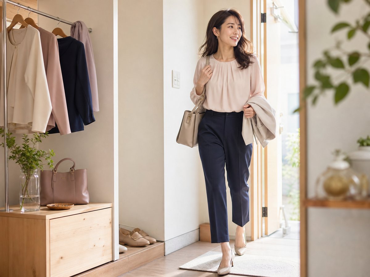 届いたコーデを着て、バッグを手に朝の外出へ向かう女性